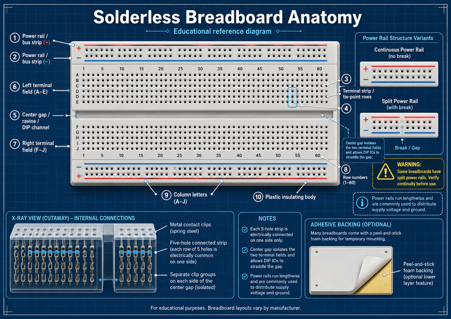 Generic breadboard diagram showing center terminal strip connections and side power rails that may be continuous or split.