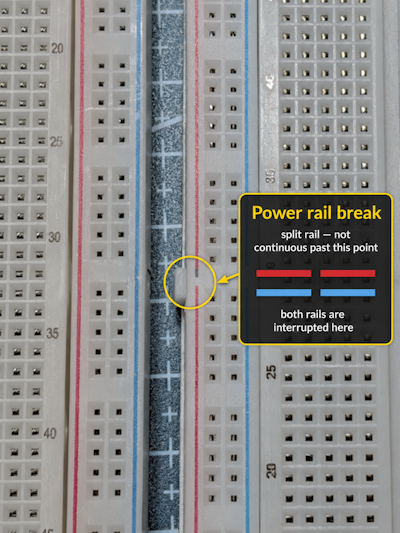 Comparison of continuous and split breadboard power rail markings.